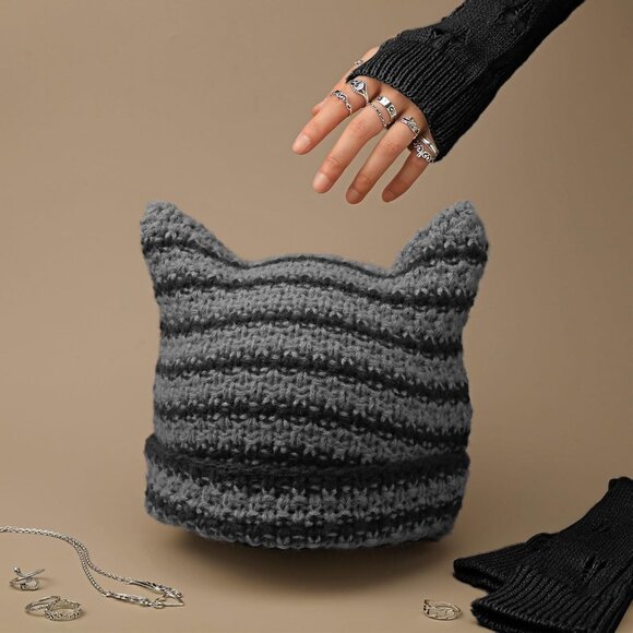 Y2K Grunge Knit Cat Beanie Ripped Gloves Jewelry Set for Women Men Black - Picture 3 of 6